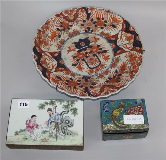 A Chinese famille rose and brass box, a cloisonne enamel box and an Imari dish dish diameter 34cm